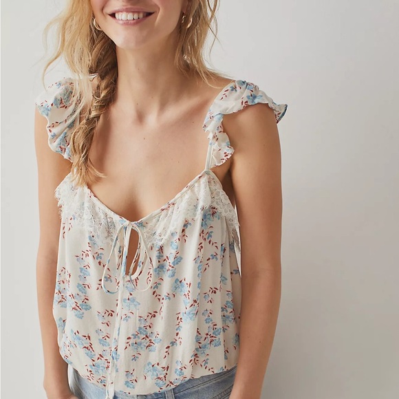 New Free People Take It Away Boho Ruffle Lace Floral Bodysuit Blouse Top - Picture 1 of 10